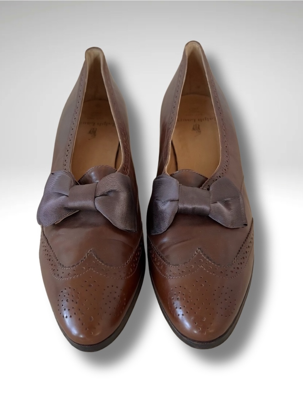 Vintage Ralph Lauren Brown Leather Wingtip Heel Loafers with Satin Bow